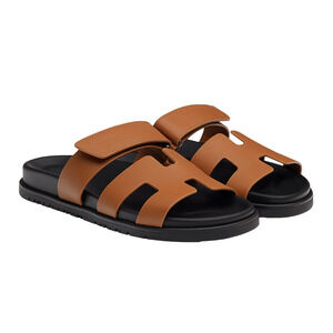 Hermes Chypre Sandal Natural Brown Leather Black Strap Slide Slip On Flat 39.5